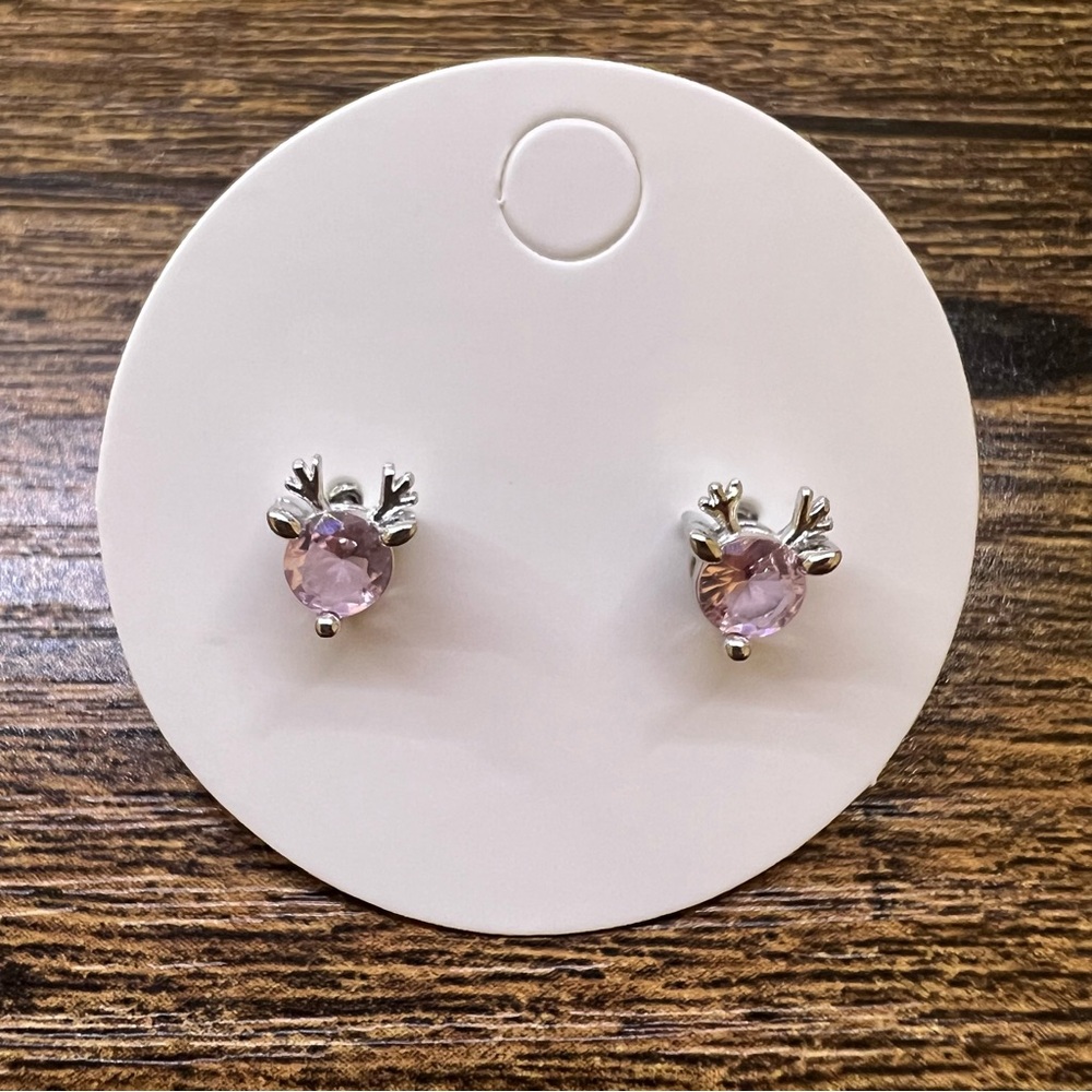 Silver Reindeer Stud Earrings w/ Pink Cz.